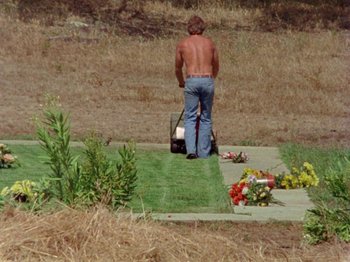 Movie still from “Gates of Heaven” (1978), directed by Errol Morris – A shirtless man standing next to a flower bed; Wide shot, High angle
