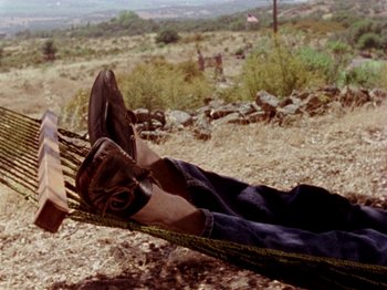 Movie still from “Gates of Heaven” (1978), directed by Errol Morris – A person is laying in a hammock on the ground; Wide shot, Overhead angle