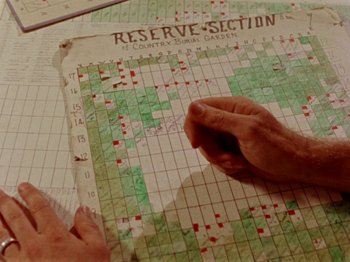 Movie still from “Gates of Heaven” (1978), directed by Errol Morris – A person is working on a crossword puzzle; Extreme Close Up shot, Overhead angle