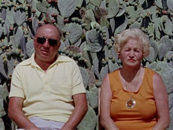 Movie still from “Gates of Heaven” (1978), directed by Errol Morris – An older man sitting next to an older woman; Medium shot, High angle