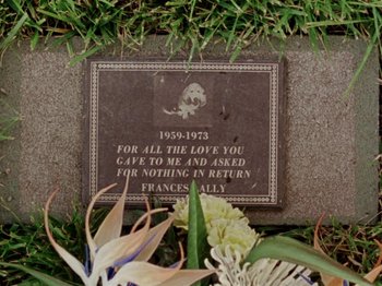 Movie still from “Gates of Heaven” (1978), directed by Errol Morris – A plaque on the ground that says " frances ally " on it; Extreme Close Up shot, High angle