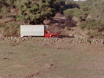 Movie still from “Gates of Heaven” (1978), directed by Errol Morris – A red truck driving down a dirt road next to a forest; Extreme Wide shot, High angle