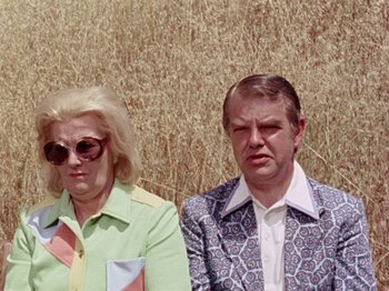 Movie still from “Gates of Heaven” (1978), directed by Errol Morris – A man and a woman standing next to each other in front of a field; Medium shot, High angle