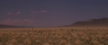 Movie still from “Gerry” (2002), directed by Gus Van Sant – A person standing in the middle of an empty field; Extreme Wide shot, High angle