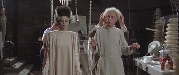 Movie still from “Gods and Monsters” (1998), directed by Bill Condon – A man and woman dressed up as frankenstein and bride of frankenstein; Medium shot, Low angle