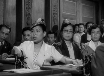 Movie still from “Godzilla” (1954), directed by Ishirô Honda – A group of people sitting at a table; Medium shot, Low angle