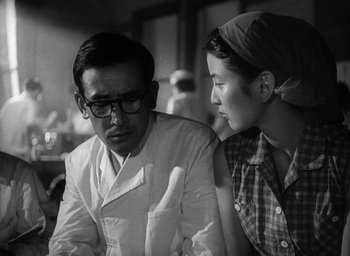 Movie still from “Godzilla” (1954), directed by Ishirô Honda – A man and a woman sitting next to each other; Close Up shot, Low angle