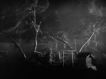 Movie still from “Godzilla: King of the Monsters!” (1956), directed by Ishirô Honda – A black - and - white photo of trees in the dark; Extreme Wide shot, Low angle