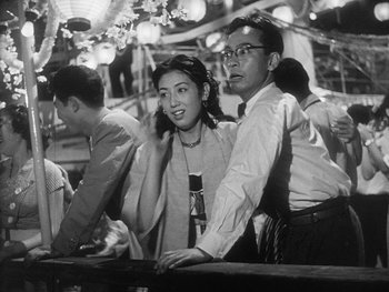 Movie still from “Godzilla: King of the Monsters!” (1956), directed by Ishirô Honda – A man and a woman sitting next to each other; Medium shot, Low angle