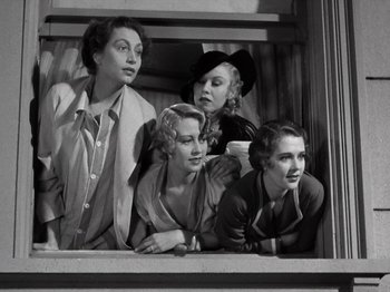 Movie still from “Gold Diggers of 1933” (1933), directed by Mervyn LeRoy – A group of women sitting next to each other on top of a building; Medium shot, Low angle