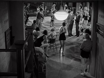 Movie still from “Gold Diggers of 1933” (1933), directed by Mervyn LeRoy – A group of people standing in a room with chairs; Wide shot, High angle
