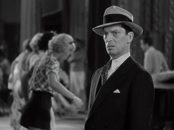 Movie still from “Gold Diggers of 1933” (1933), directed by Mervyn LeRoy – An older man wearing a suit and a hat; Medium shot, Low angle
