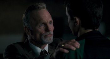 Movie still from “Gone Baby Gone” (2007), directed by Ben Affleck – An older man is talking to a younger man; Close Up shot, Over the shoulder angle
