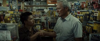 Movie still from “Gran Torino” (2008), directed by Clint Eastwood – Medium shot, Over the shoulder angle