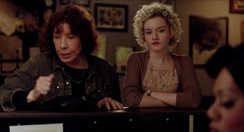 Movie still from “Grandma” (2015), directed by Paul Weitz – Two women sitting at a table in front of each other; Close Up shot, Over the shoulder angle