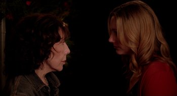 Movie still from “Grandma” (2015), directed by Paul Weitz – Two women face to face in a dark room; Close Up shot, Over the shoulder angle