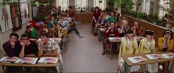 Movie still from “Grease 2” (1982), directed by Patricia Birch – A group of people sitting in a classroom; Wide shot, High angle