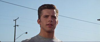 Movie still from “Grease 2” (1982), directed by Patricia Birch – A person wearing a gray t - shirt; Close Up shot, Low angle