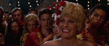 Movie still from “Grease 2” (1982), directed by Patricia Birch – A group of people standing in a room; Close Up shot, Over the shoulder angle