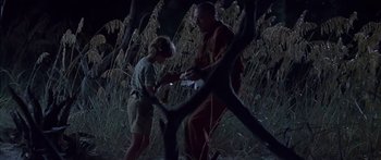 Movie still from “Great Expectations” (1998), directed by Alfonso Cuarón – A man standing next to a young girl in a field; Wide shot, High angle