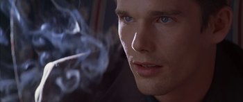 Movie still from “Great Expectations” (1998), directed by Alfonso Cuarón – Benedict cumberbatch's face with smoke coming out of it; Close Up shot, Over the shoulder angle