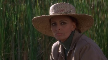 Movie still from “Grumpier Old Men” (1995), directed by Howard Deutch – A woman wearing a straw hat in front of some tall grass; Close Up shot, Over the shoulder angle