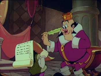 Movie still from “Gulliver's Travels” (1939), directed by William Henning – A cartoon of a man holding a plant in front of another man; Medium shot, Low angle