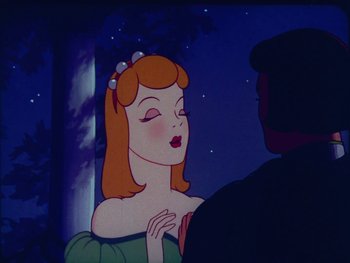 Movie still from “Gulliver's Travels” (1939), directed by William Henning – A cartoon of a woman in a green dress and a man in a black suit; Close Up shot, Over the shoulder angle