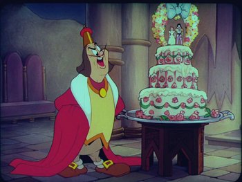 Movie still from “Gulliver's Travels” (1939), directed by William Henning – A cartoon character standing in front of a large cake; Wide shot, Over the shoulder angle