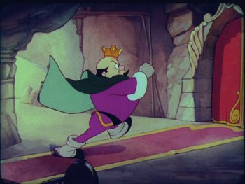 Movie still from “Gulliver's Travels” (1939), directed by William Henning – A cartoon of a person wearing a purple outfit and a crown; Wide shot, High angle