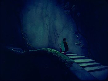 Movie still from “Gulliver's Travels” (1939), directed by William Henning – A person sitting on top of a set of stairs; Extreme Wide shot, High angle