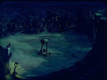 Movie still from “Gulliver's Travels” (1939), directed by William Henning – An image of an image of a scene in the middle of the night; Extreme Wide shot, High angle