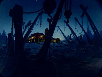 Movie still from “Gulliver's Travels” (1939), directed by William Henning – An image of an alien ship in the night sky; Extreme Wide shot, High angle