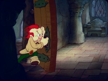 Movie still from “Gulliver's Travels” (1939), directed by William Henning – A cartoon of a person holding onto a door; Wide shot, High angle