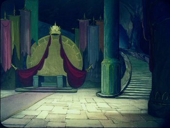 Movie still from “Gulliver's Travels” (1939), directed by William Henning – A painting of a throne in a castle setting; Extreme Wide shot, High angle