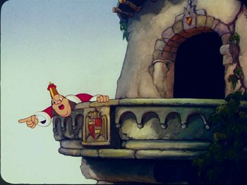 Movie still from “Gulliver's Travels” (1939), directed by William Henning – An animated character falling off of a building; Extreme Wide shot, Low angle