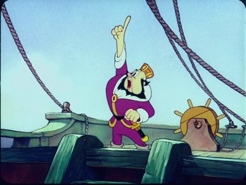 Movie still from “Gulliver's Travels” (1939), directed by William Henning – A cartoon of a person standing on top of a boat; Wide shot, Low angle