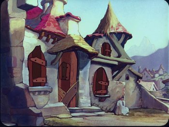 Movie still from “Gulliver's Travels” (1939), directed by William Henning – An animated picture of a house with a cat sitting on the ground; Wide shot, High angle