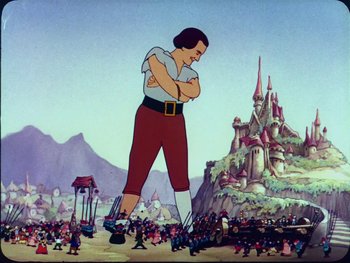 Movie still from “Gulliver's Travels” (1939), directed by William Henning – An animated picture of a man standing in front of a castle; Extreme Wide shot, Low angle