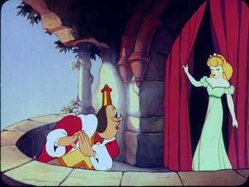 Movie still from “Gulliver's Travels” (1939), directed by William Henning – A cartoon of a king and a princess; Wide shot, Low angle