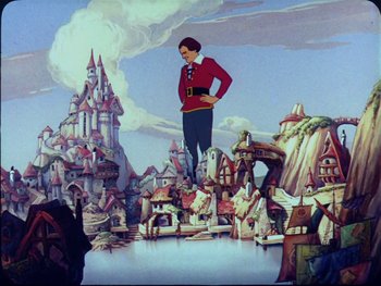 Movie still from “Gulliver's Travels” (1939), directed by William Henning – A man standing in front of a painting of a castle; Extreme Wide shot, Low angle