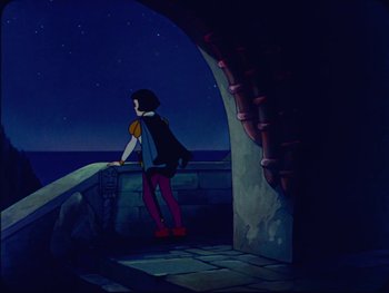 Movie still from “Gulliver's Travels” (1939), directed by William Henning – An animated scene of a woman standing on a ledge; Wide shot, High angle