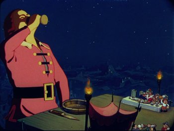 Movie still from “Gulliver's Travels” (1939), directed by William Henning – A painting of a man dressed as a pirate; Wide shot, Low angle