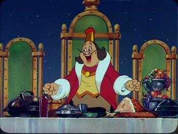 Movie still from “Gulliver's Travels” (1939), directed by William Henning – A painting of a person sitting in front of a table; Wide shot, Low angle