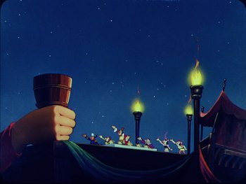 Movie still from “Gulliver's Travels” (1939), directed by William Henning – An animated scene of people on a balcony at night; Wide shot, Low angle