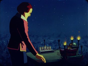 Movie still from “Gulliver's Travels” (1939), directed by William Henning – A painting of a woman standing in front of a fire pit; Wide shot, Low angle