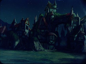 Movie still from “Gulliver's Travels” (1939), directed by William Henning – An animated picture of a town at night; Extreme Wide shot, High angle