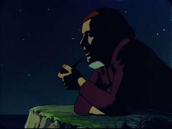Movie still from “Gulliver's Travels” (1939), directed by William Henning – An animated figure of a man sitting on a cliff at night; Medium shot, Low angle