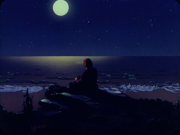 Movie still from “Gulliver's Travels” (1939), directed by William Henning – A person sitting on the beach under a full moon at night; Extreme Wide shot, Low angle