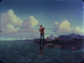 Movie still from “Gulliver's Travels” (1939), directed by William Henning – A painting of a man standing in the water; Extreme Wide shot, Low angle